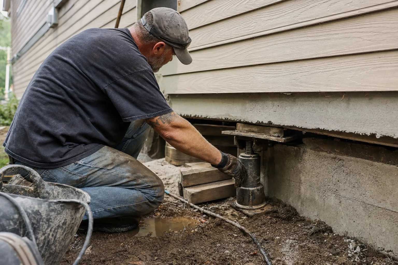 Worker adjusting a hydraulic house lifting jack beneath a home's foundation during structural repair work outdoors.