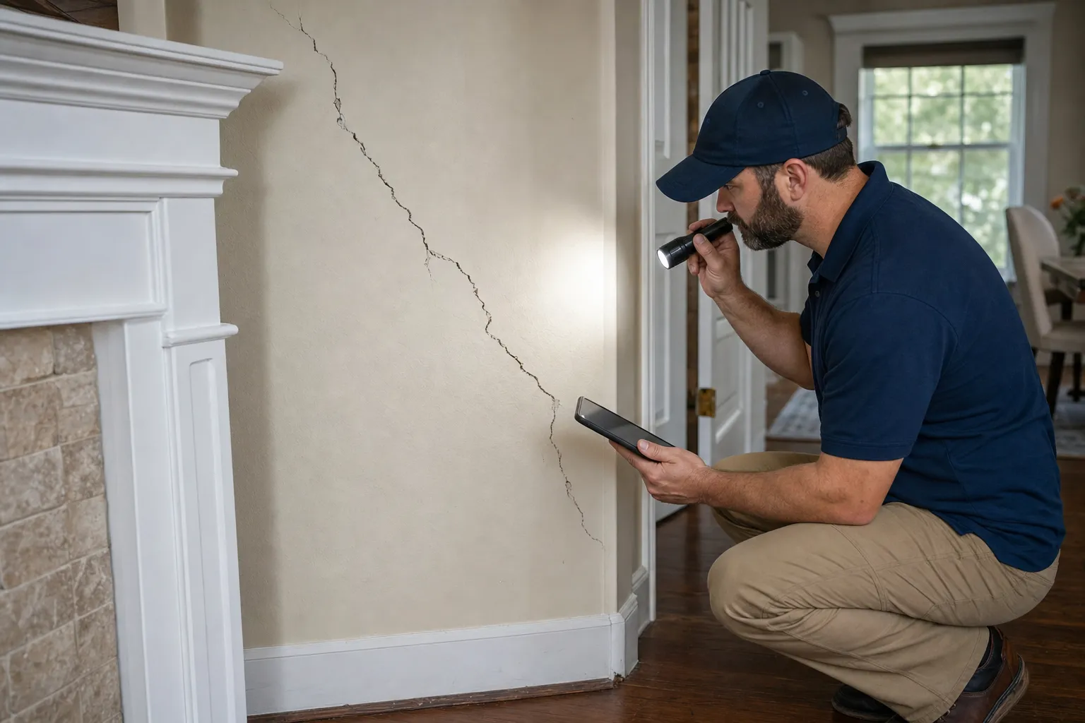 Home inspector examining large wall crack with flashlight and tablet in residential living room