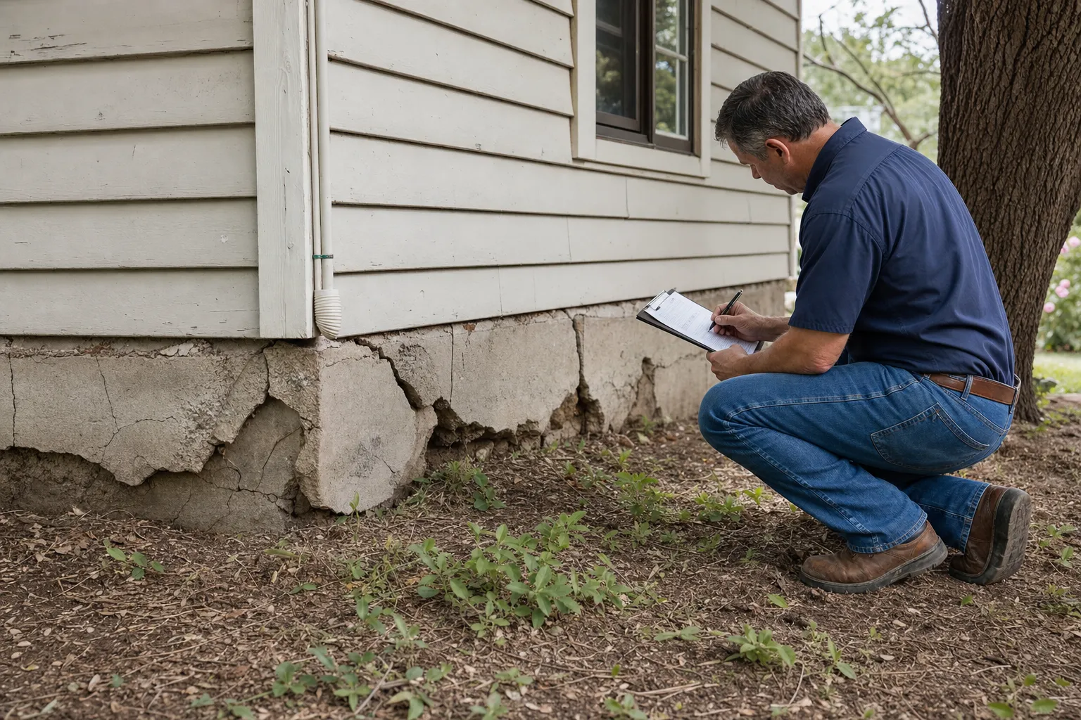 Home inspector crouching beside house, documenting severely cracked and deteriorating concrete foundation on clipboard outdoo