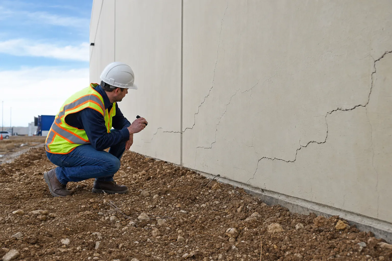 Construction inspector in safety vest and hard hat examining cracks in a concrete building wall at a job site.