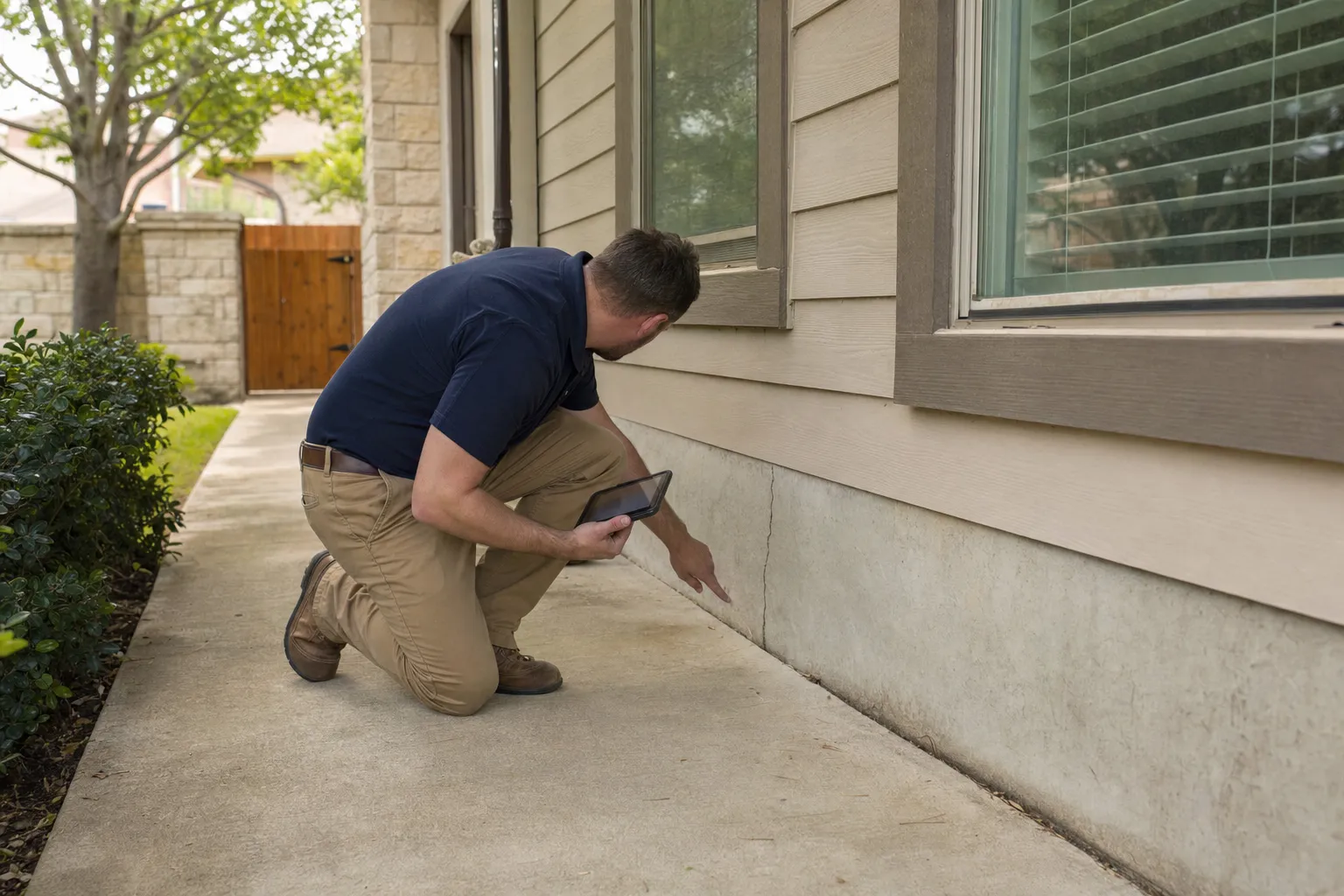 Home inspector kneeling on sidewalk, pointing at foundation crack on house exterior while holding tablet.