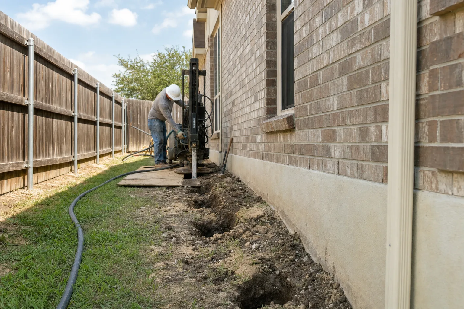 Worker in hard hat operating hydraulic pier press beside brick home foundation in narrow yard, trench excavated along base.
