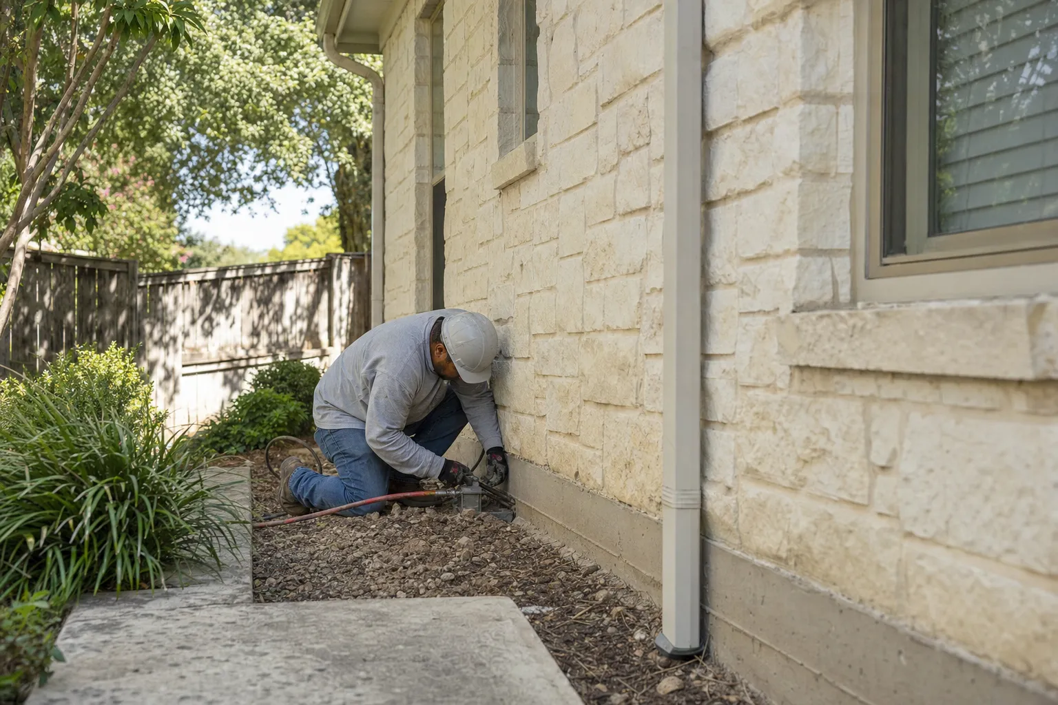 Worker kneeling beside stone house foundation, using hydraulic tool with red hose in gravel landscaping bed.