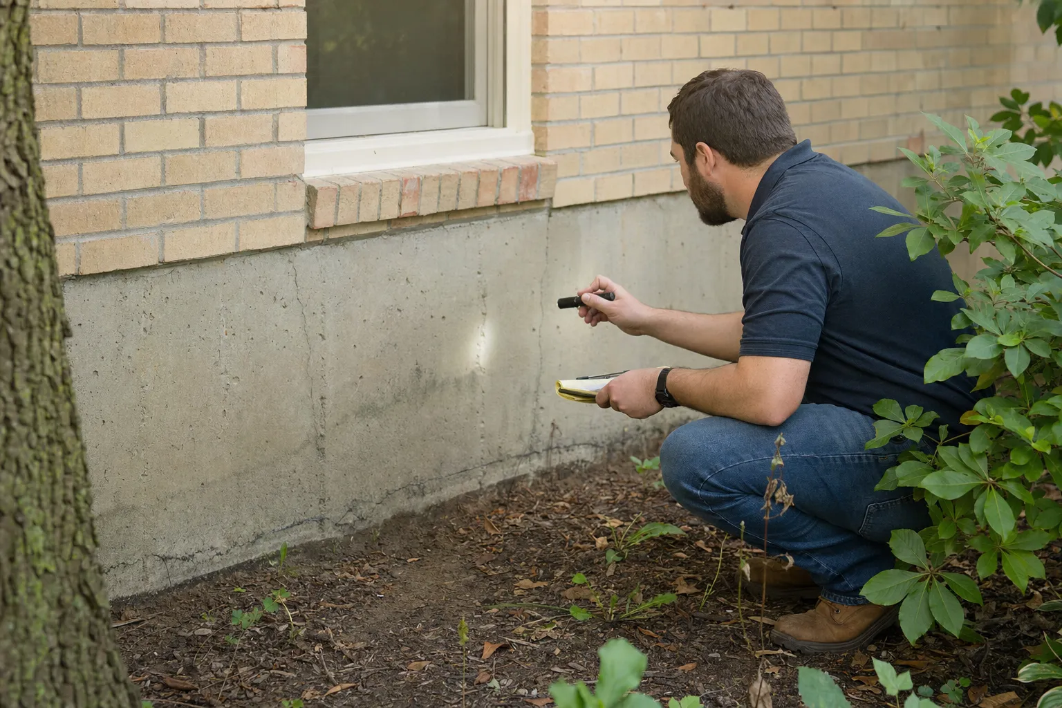 Home inspector crouching outside brick building, shining flashlight on concrete foundation while taking notes.