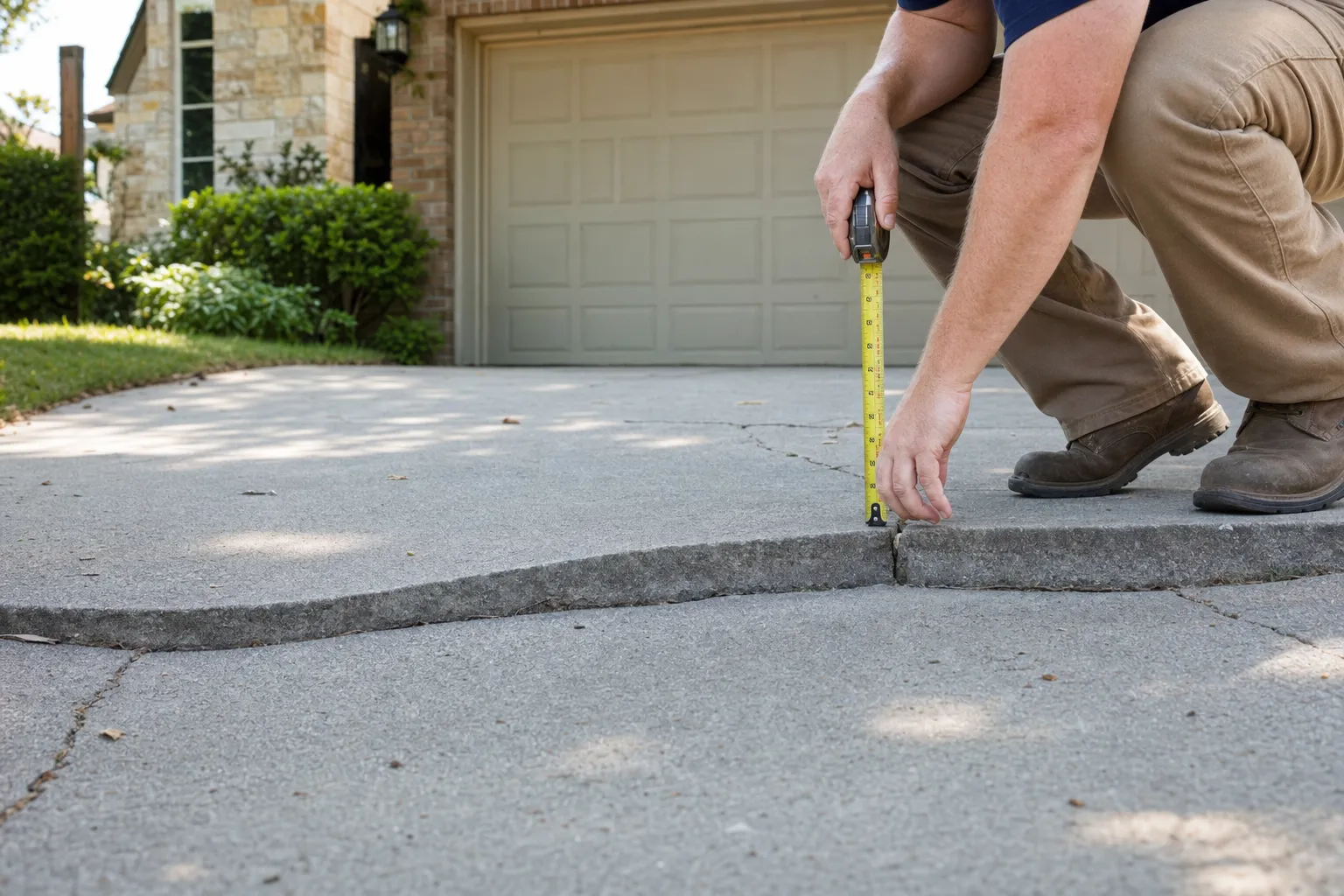 Person measuring a raised, cracked concrete driveway slab with a tape measure outside a residential home.