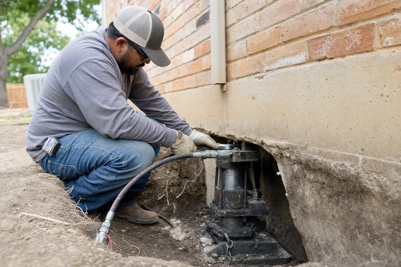 Worker operating hydraulic foundation pier jack beneath brick home's concrete slab during foundation repair