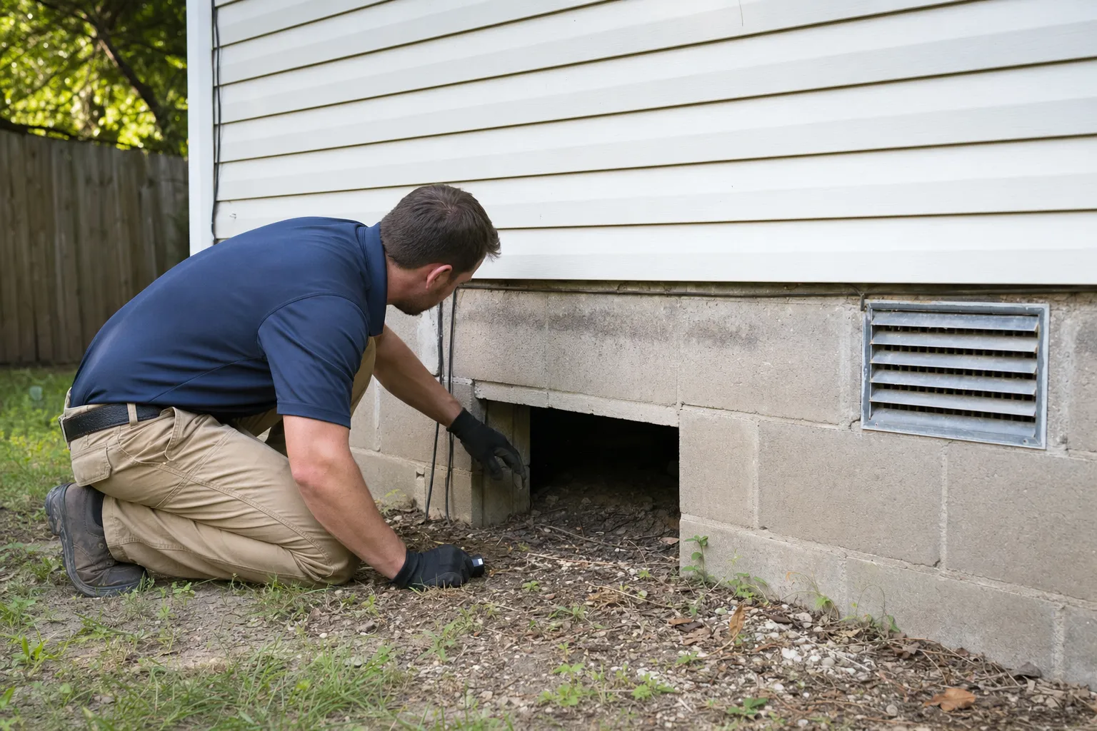Inspector in navy shirt and gloves examining crawl space opening beneath concrete block foundation of house with vinyl siding