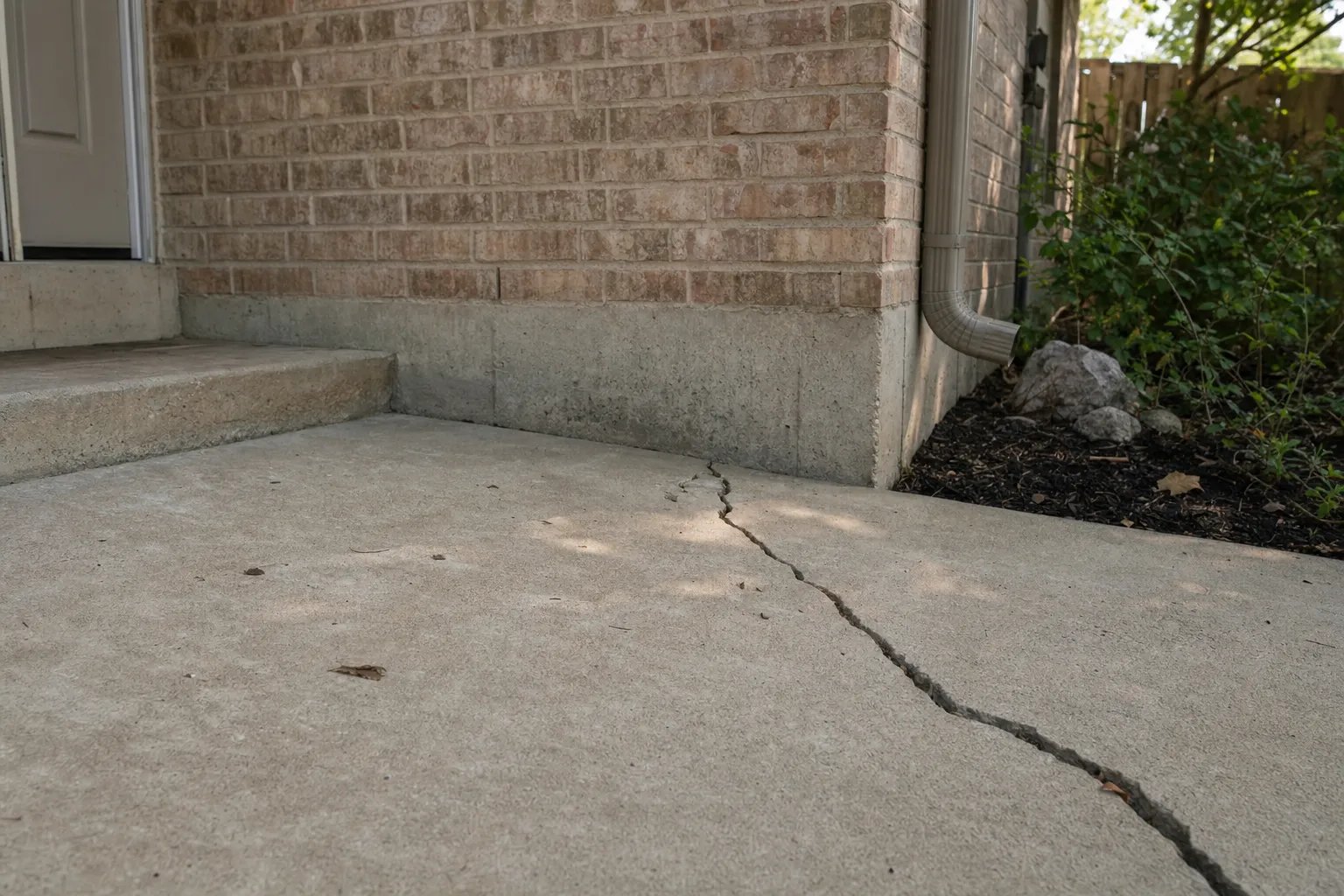 Cracked concrete patio beside brick house foundation with steps, downspout, and garden mulch bed visible.