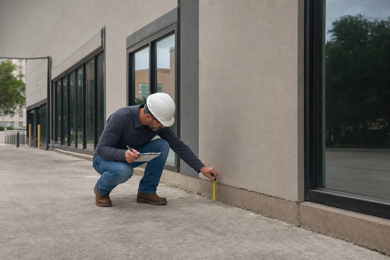 Construction worker in white hard hat measuring building exterior wall with tape measure while taking notes on clipboard.