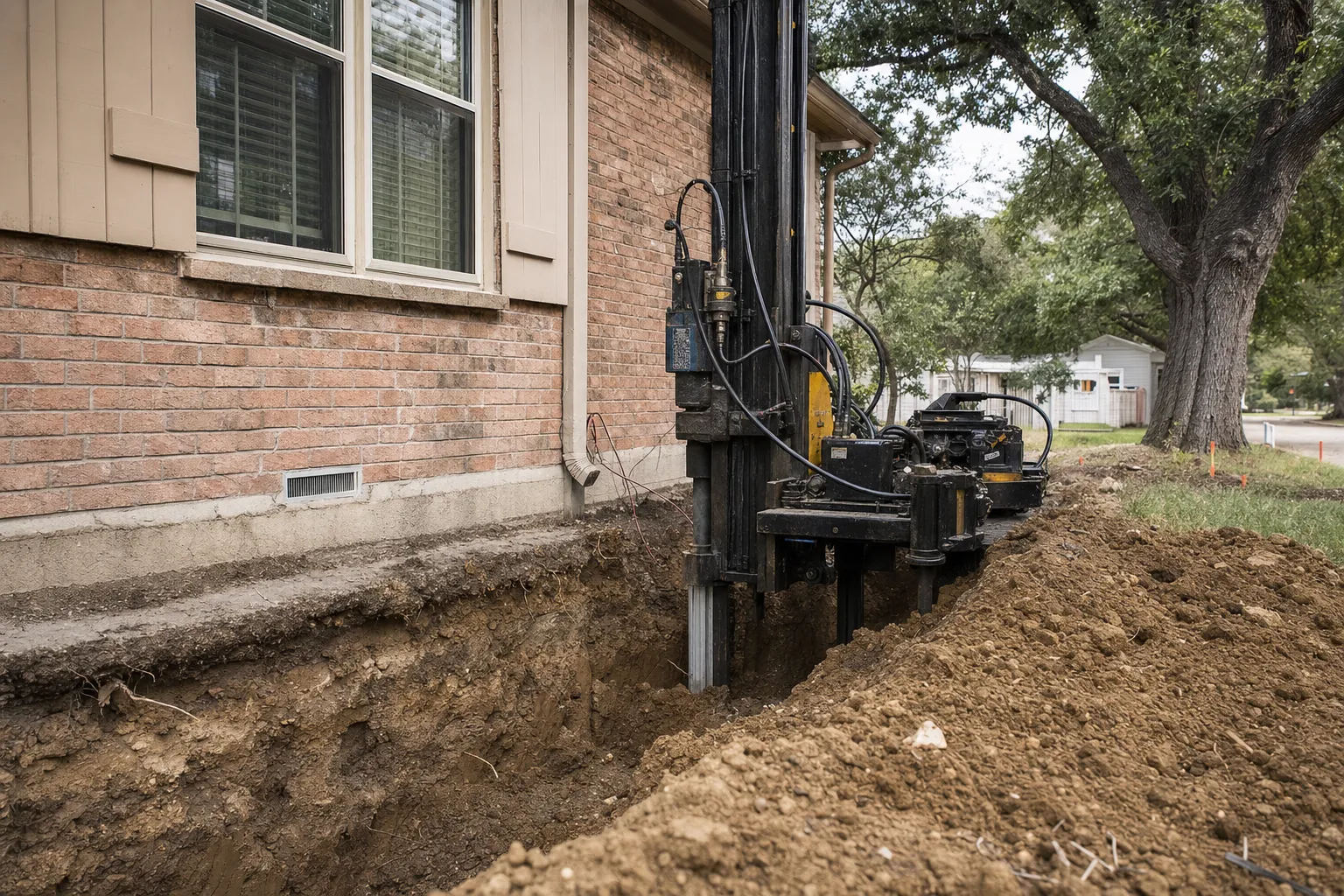 Foundation repair equipment driving steel piers into excavated soil alongside a brick residential home.