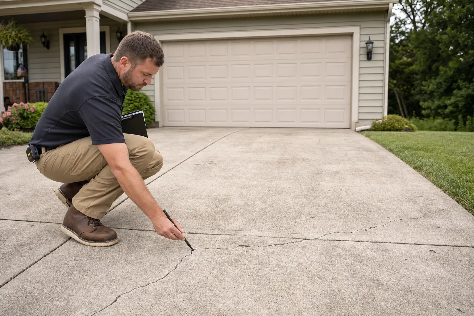 Inspector examining cracks in a concrete residential driveway while crouching, holding a clipboard and pen.