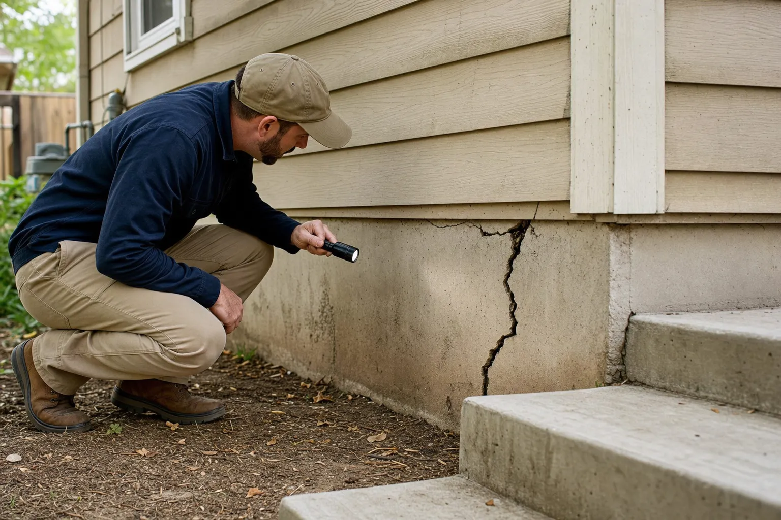 Home inspector examining large crack in concrete foundation wall with flashlight outside residential home.
