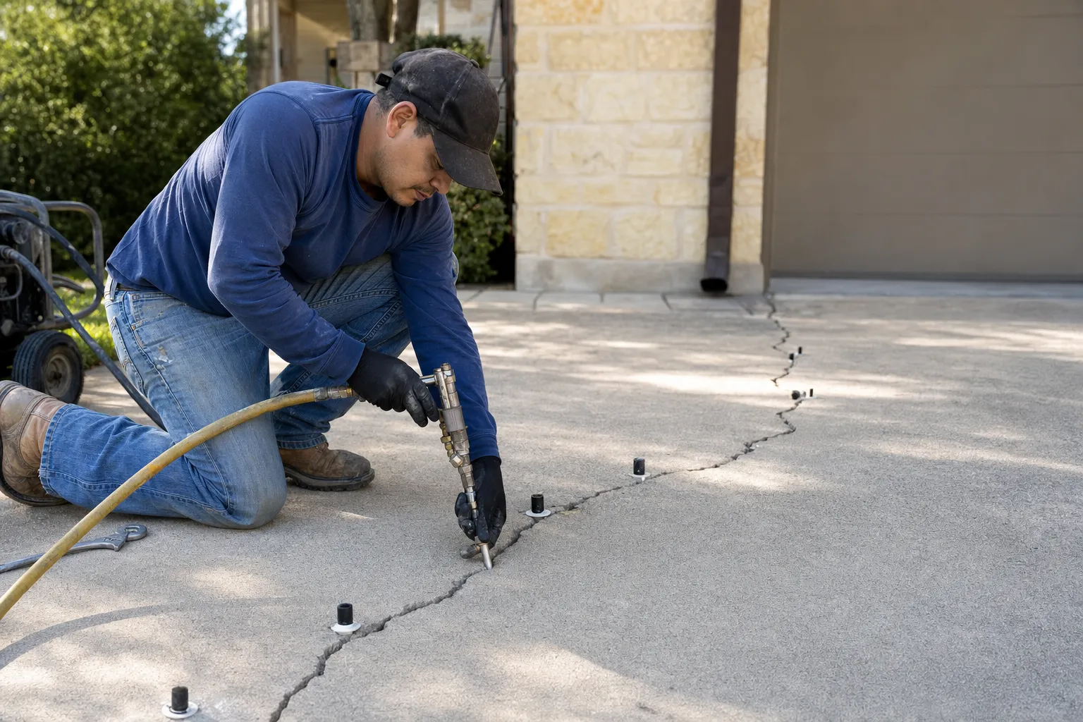 Worker injecting epoxy into cracked concrete driveway with pneumatic tool, repair ports installed along crack line.