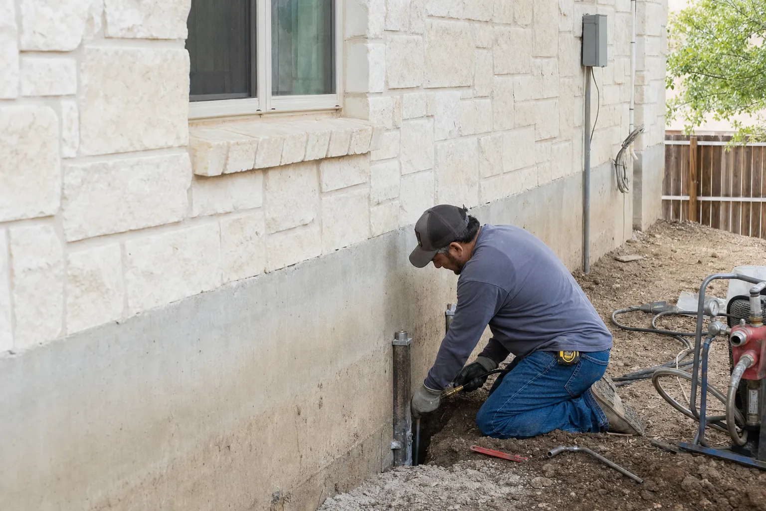 Worker installing foundation pier against stone house exterior, kneeling in dirt with hydraulic equipment nearby.