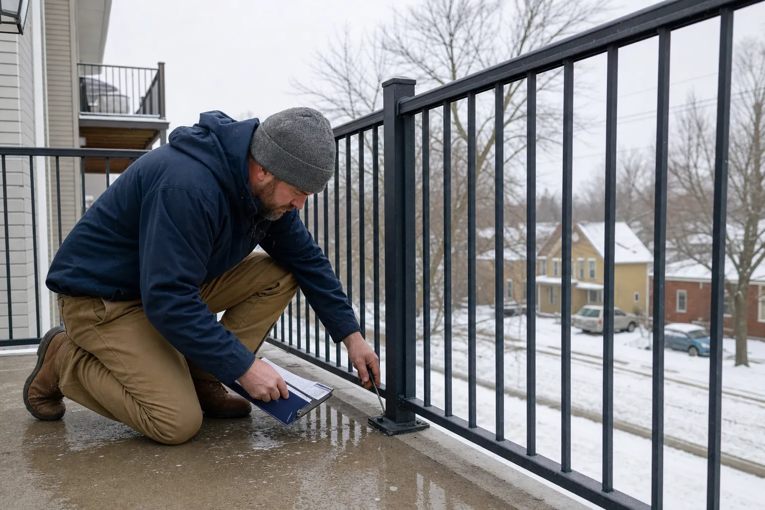 Man inspecting balcony railing base with a tool on a snowy winter day, holding clipboard, residential neighborhood in backgro