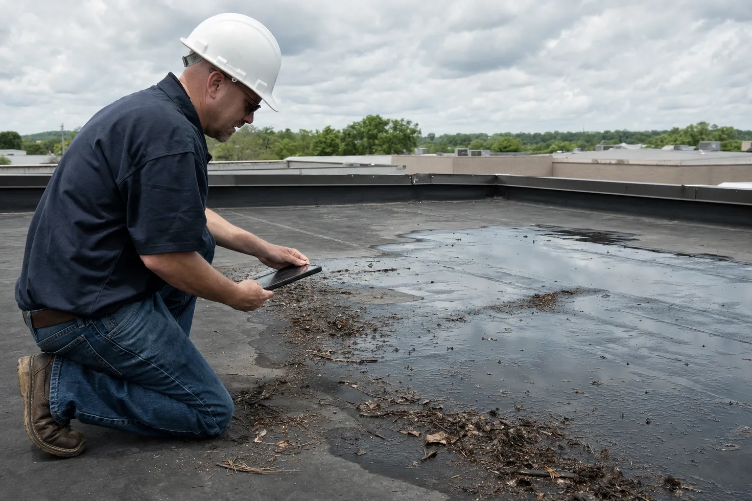 Roofing inspector kneeling on flat commercial roof with tablet, examining water pooling and debris near parapet wall.