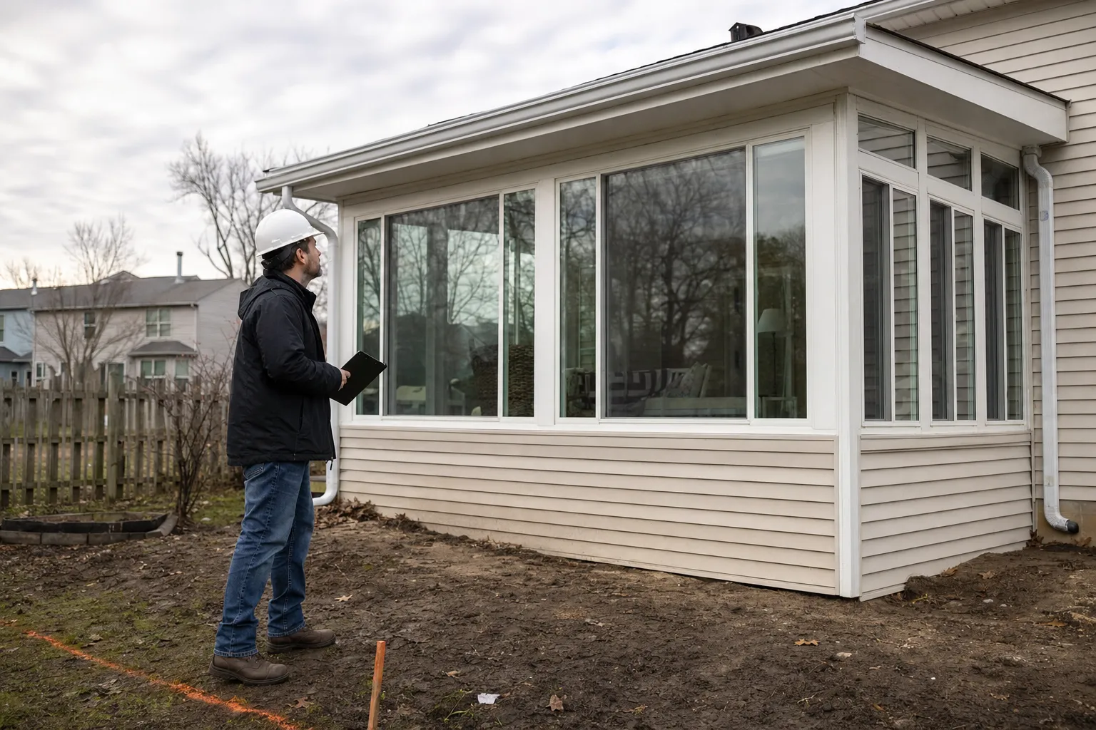 Construction inspector with clipboard examining newly built sunroom addition on residential home exterior, overcast day.