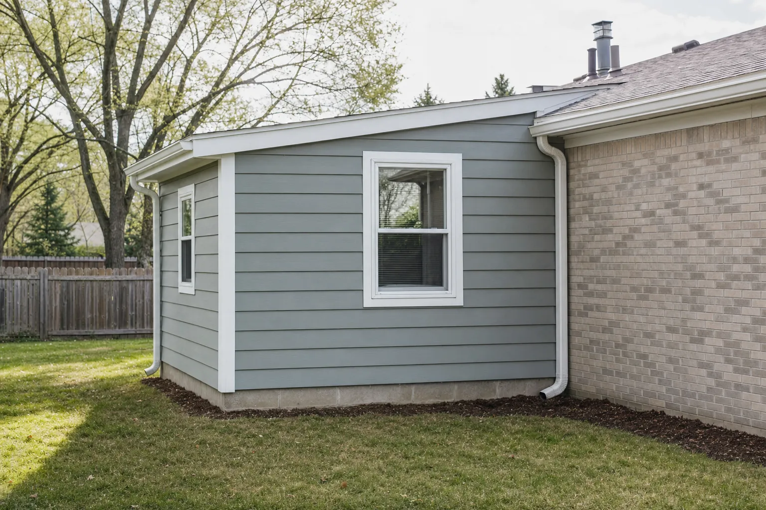 Gray vinyl-sided home addition with white trim windows, attached to brick house, green backyard lawn with wooden fence and tr