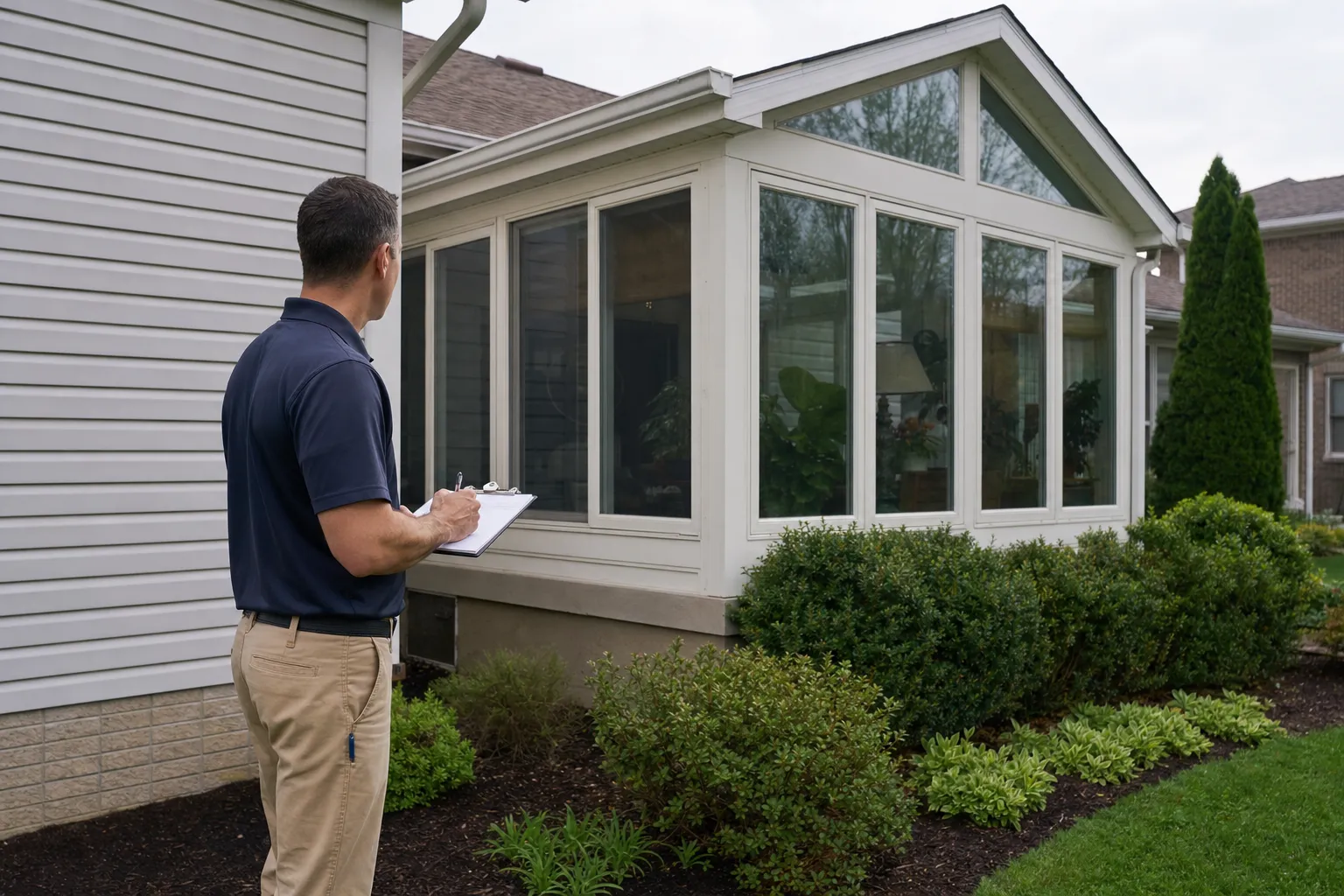 Home inspector with clipboard examining a sunroom addition on a residential house exterior