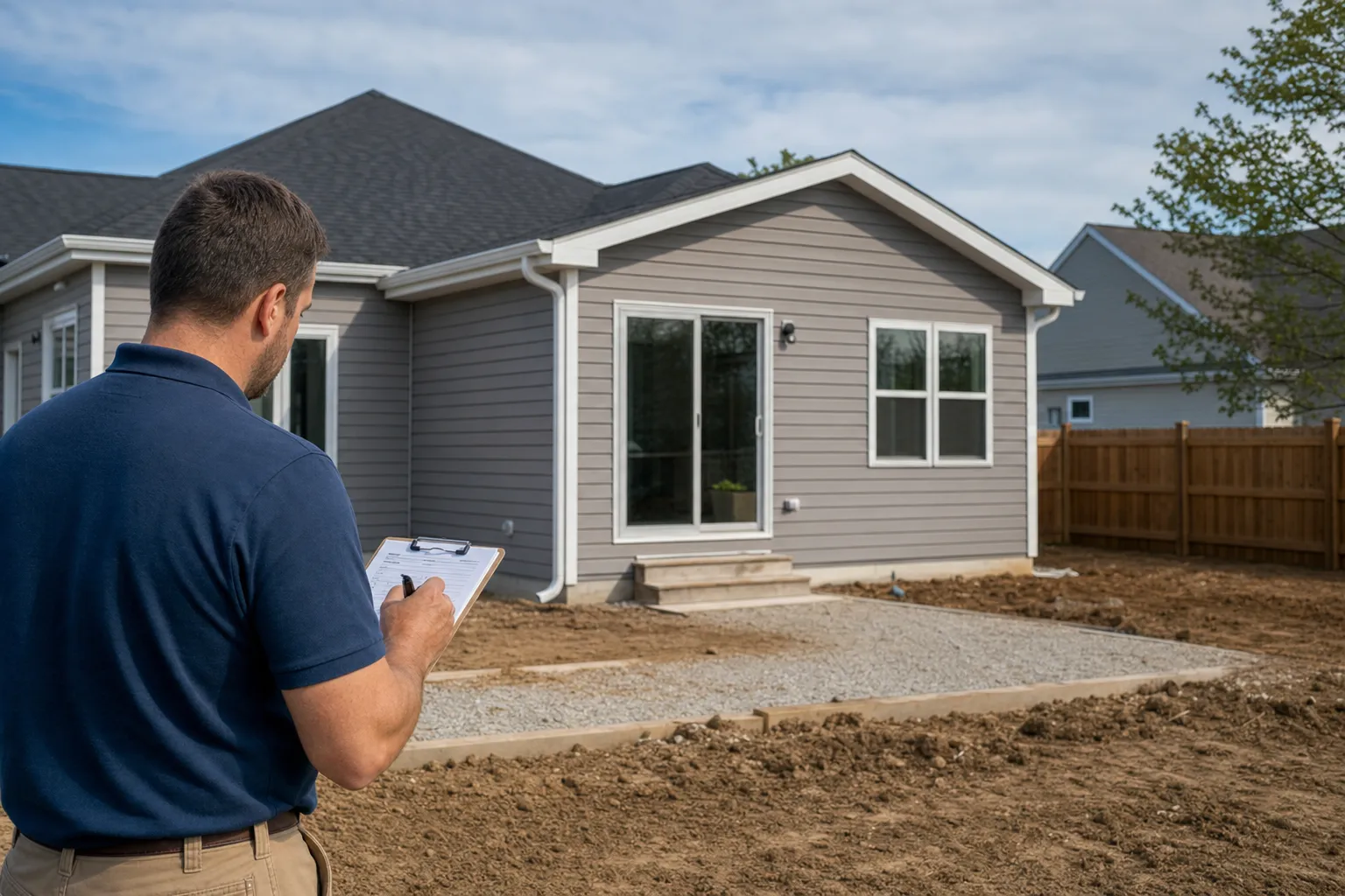 Home inspector with clipboard evaluating back exterior of new gray house with unfinished yard and gravel patio area.