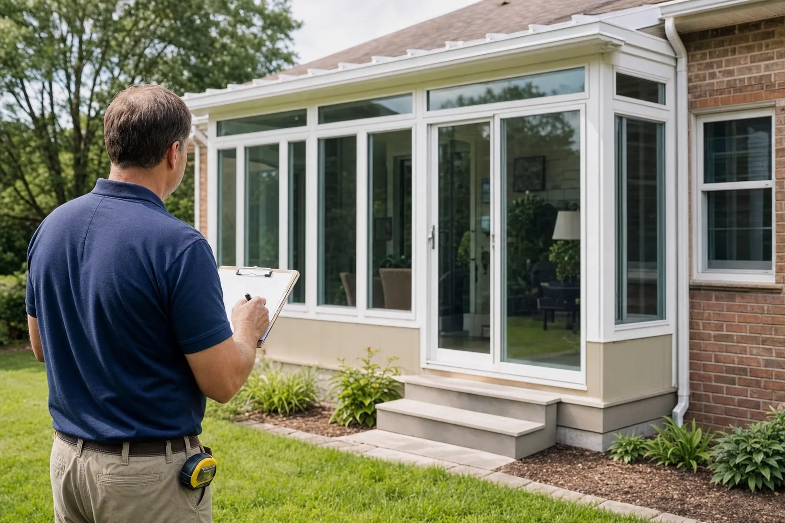 Home inspector with clipboard examining sunroom addition on brick house exterior, tape measure on belt, green yard background