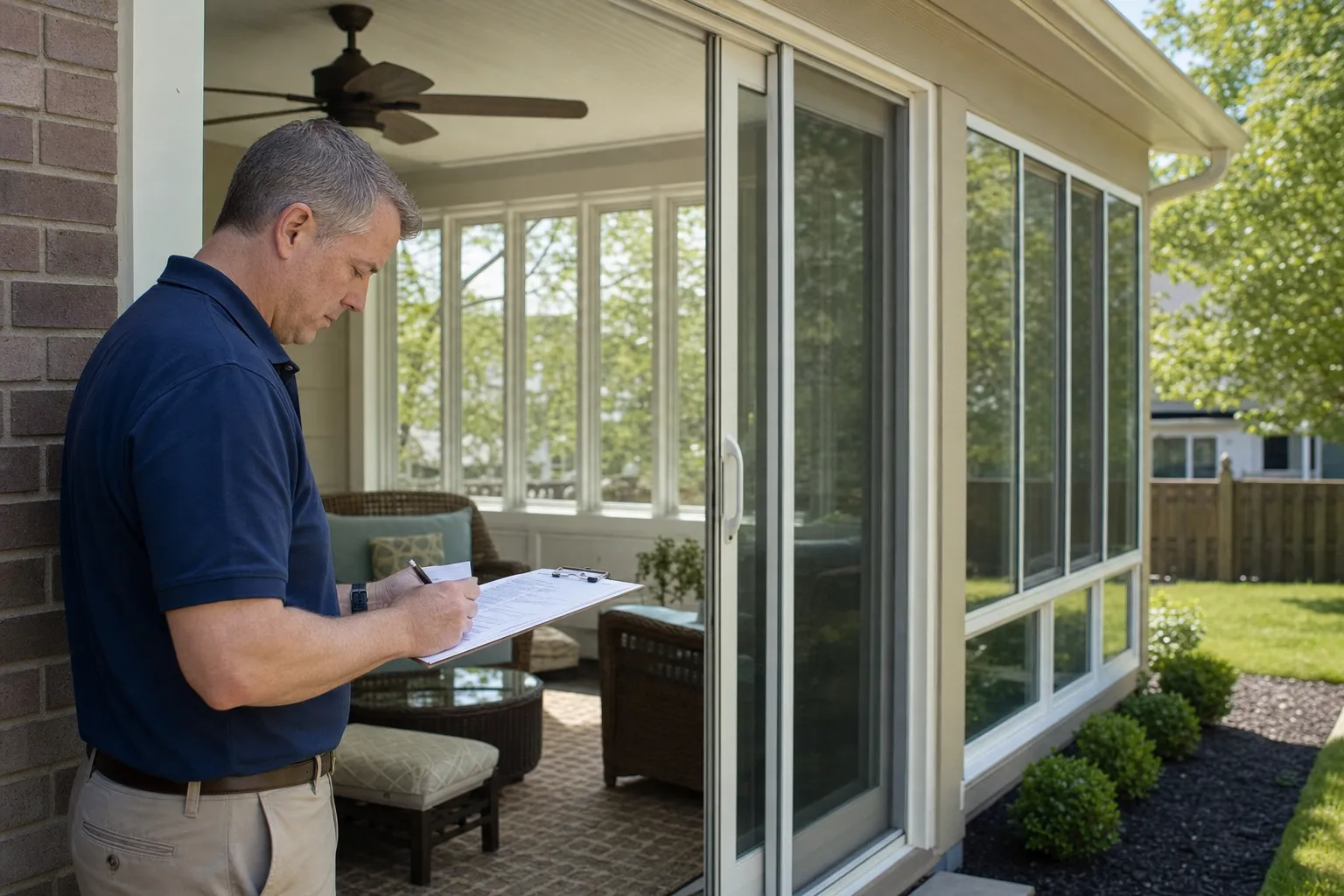 Middle-aged man with clipboard inspecting a sunroom with sliding glass doors and patio furniture at a suburban home.