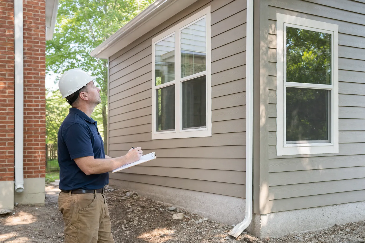 Home inspector in hard hat taking notes on clipboard while examining exterior siding and windows of a house