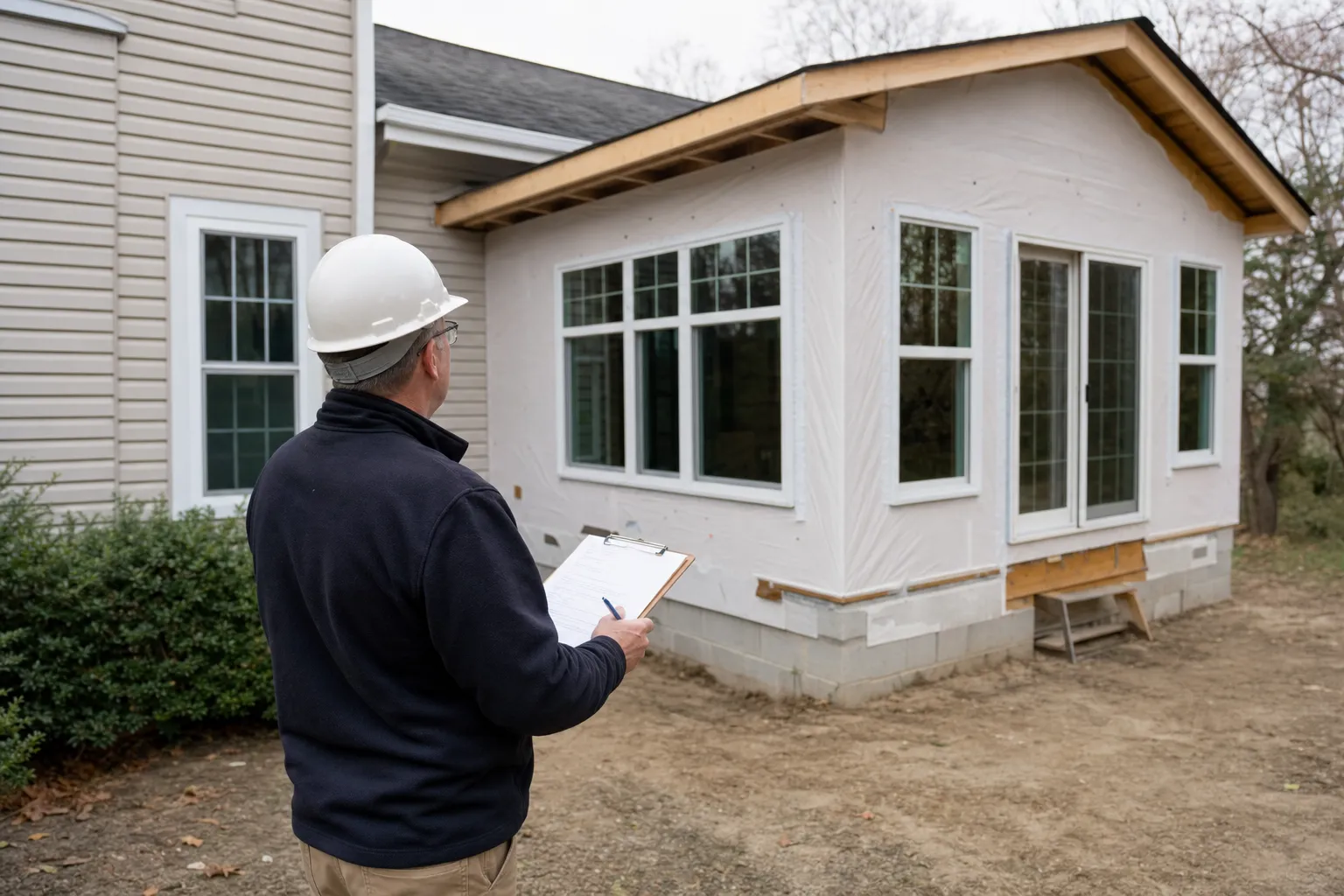 Construction inspector in white hard hat reviewing clipboard outside unfinished home addition with large windows.