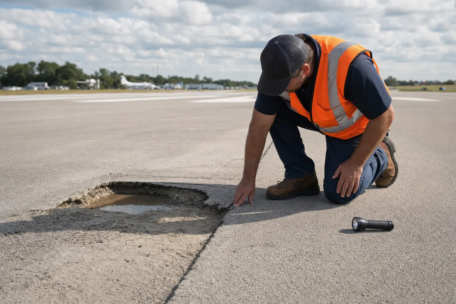 Airport maintenance worker in orange safety vest inspecting pavement damage on runway tarmac, flashlight nearby.