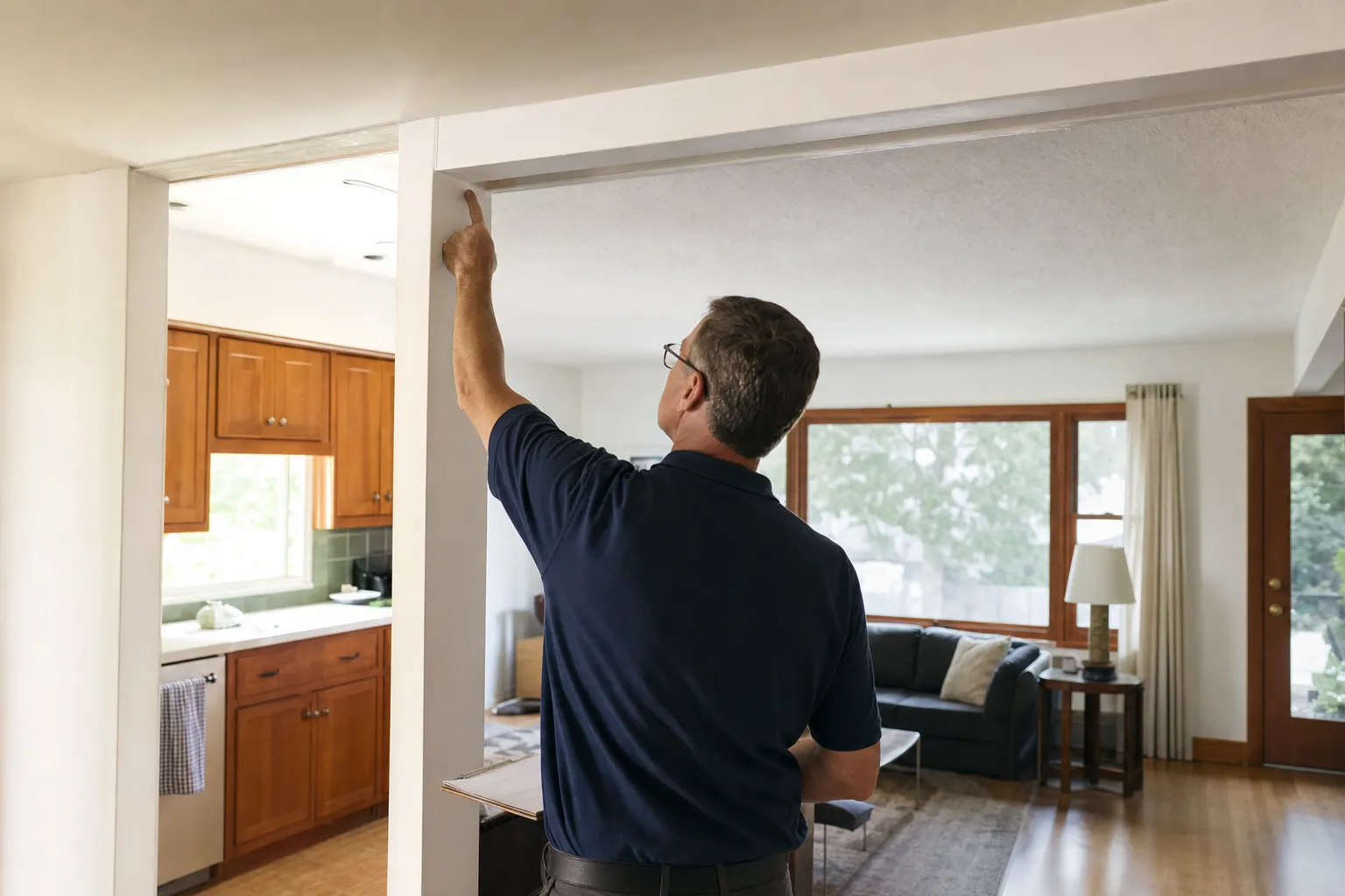 Home inspector examining ceiling beam between kitchen and living room in a residential house