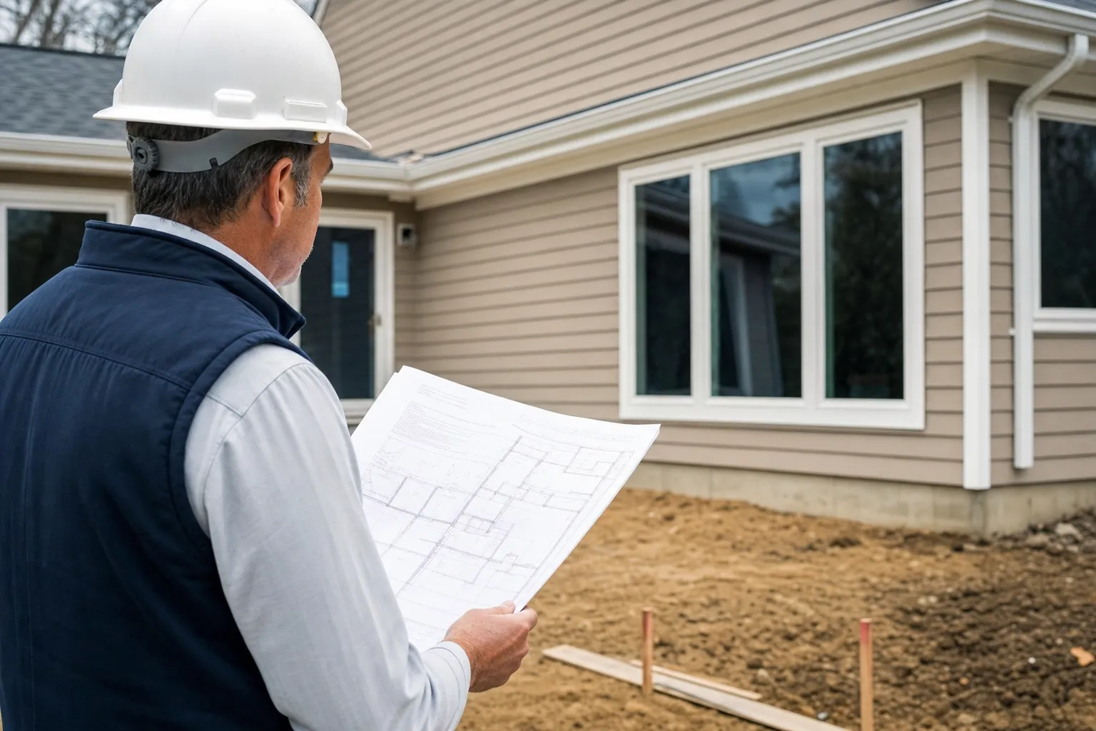 Construction manager reviewing blueprints outside a new residential home under construction with bare soil landscaping.